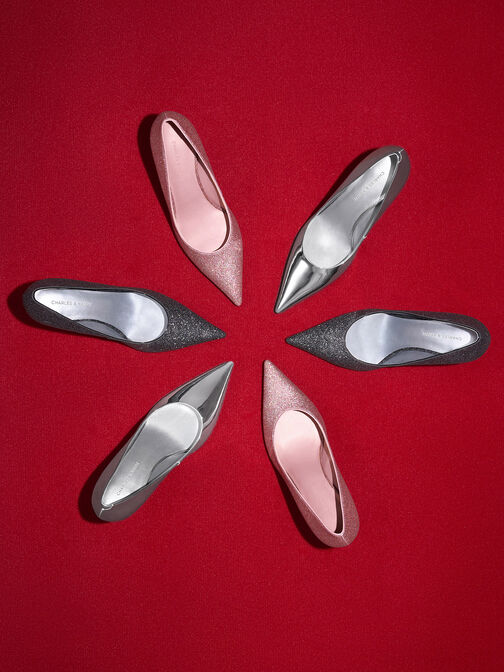 Glittered Cone-Heel Pointed-Toe Pumps, Black Textured, hi-res