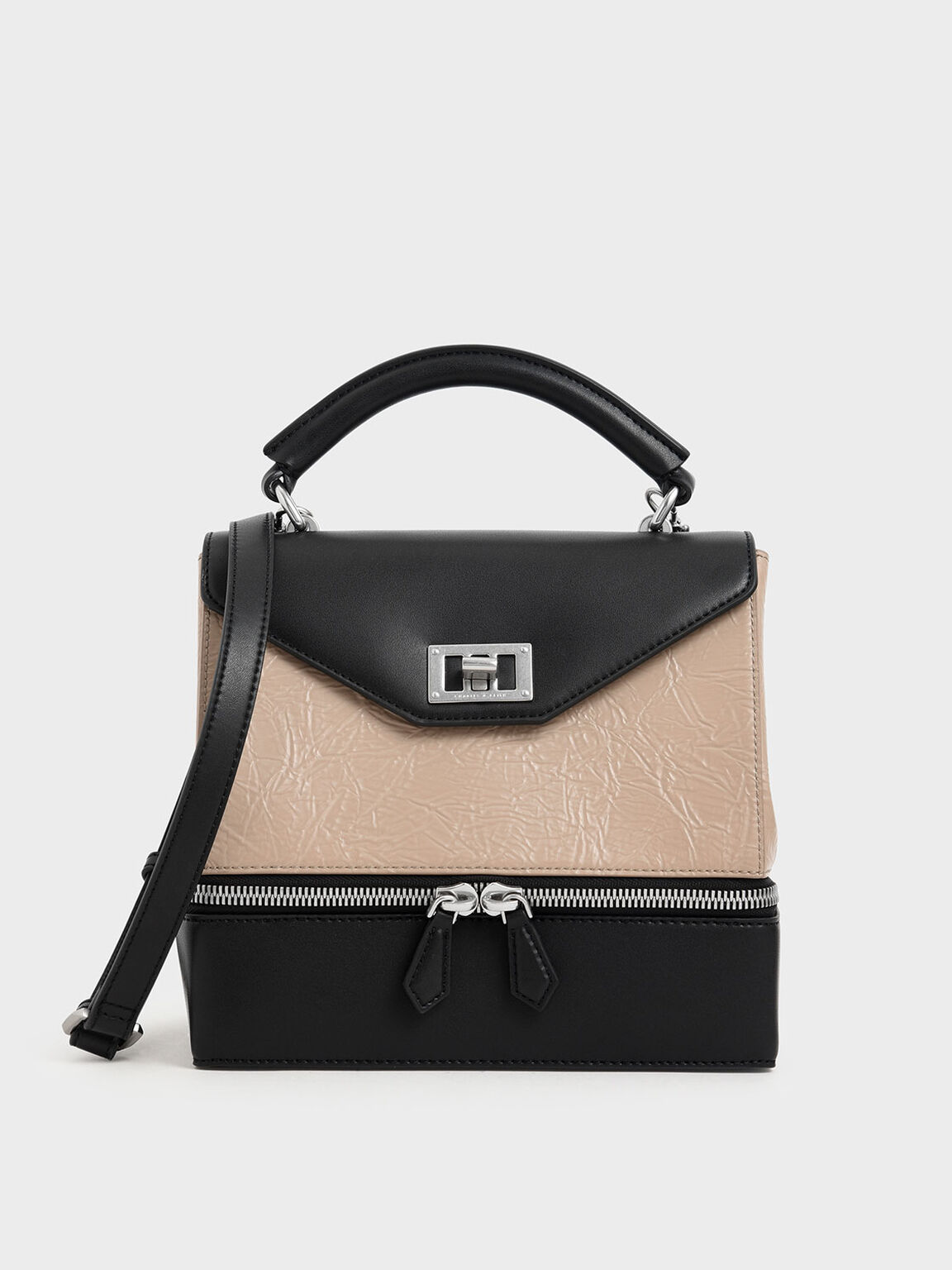 Wrinkled Effect Two-Way Zip Top Handle Bag, Beige, hi-res
