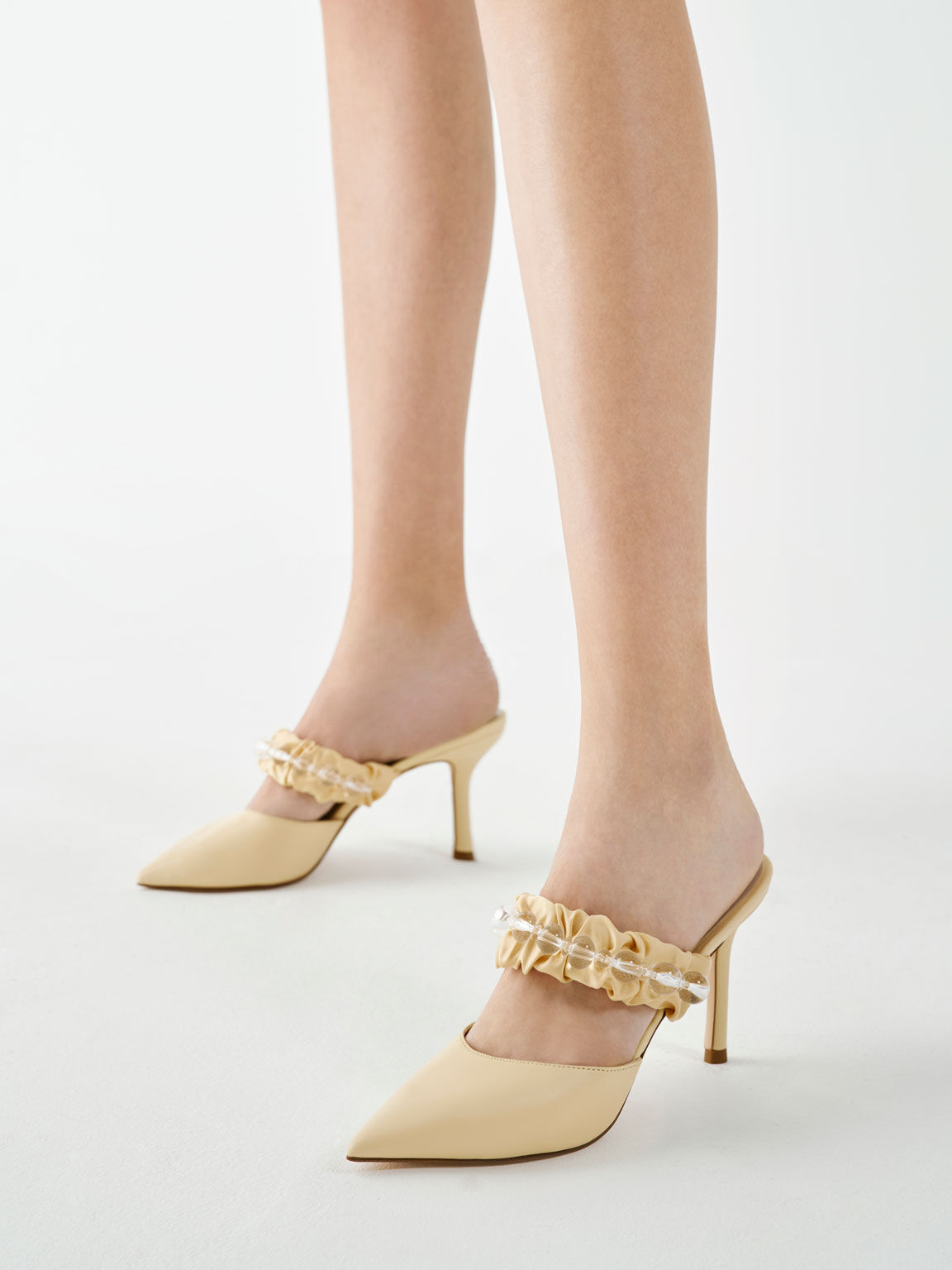 Yellow Ruched Satin Strap Mules - CHARLES & KEITH OM