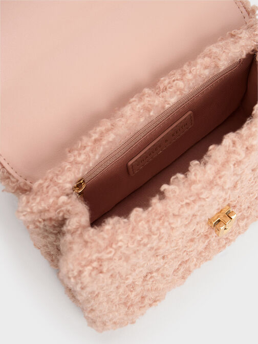 Furry Metallic Turn-Lock Bag, Pink, hi-res