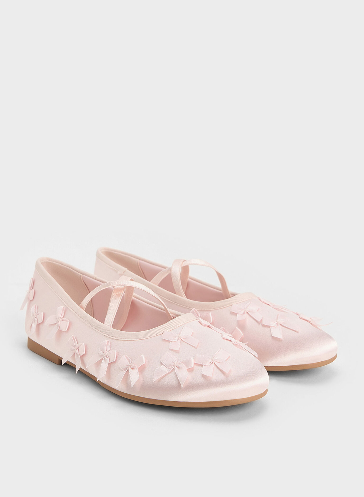 Girls' Satin Bow Crossover-Strap Ballet Flats, Blush, hi-res