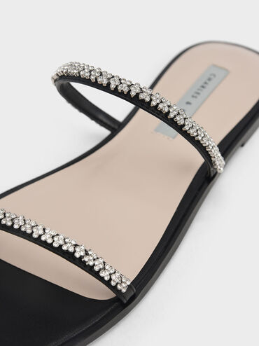 Gem-Encrusted Strappy Slide Sandals, Black, hi-res