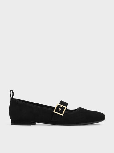 Textured Square Toe Mary Jane Flats, Black, hi-res
