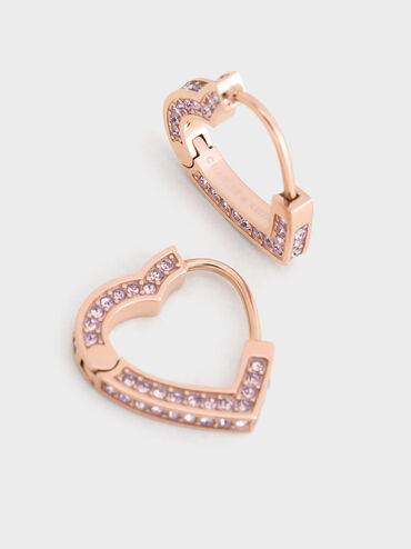 Pendientes de aro Malorie de cristal tipo corazón, Oro rosa, hi-res