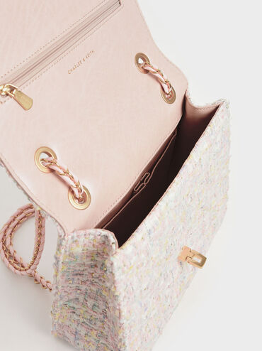 Tweed Chain Strap Bag, Pink, hi-res