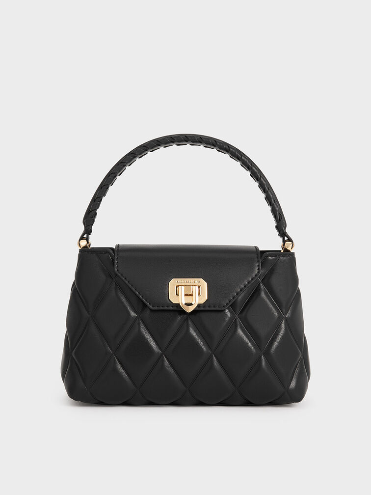 Bolso de asa superior Arwen con correa trenzada acolchada, Negro, hi-res
