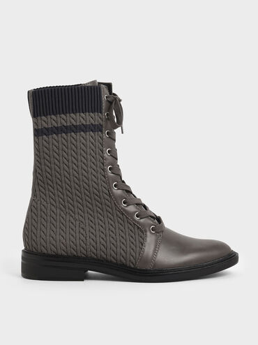 Knitted Lace-Up Calf Boots, Dark Grey, hi-res
