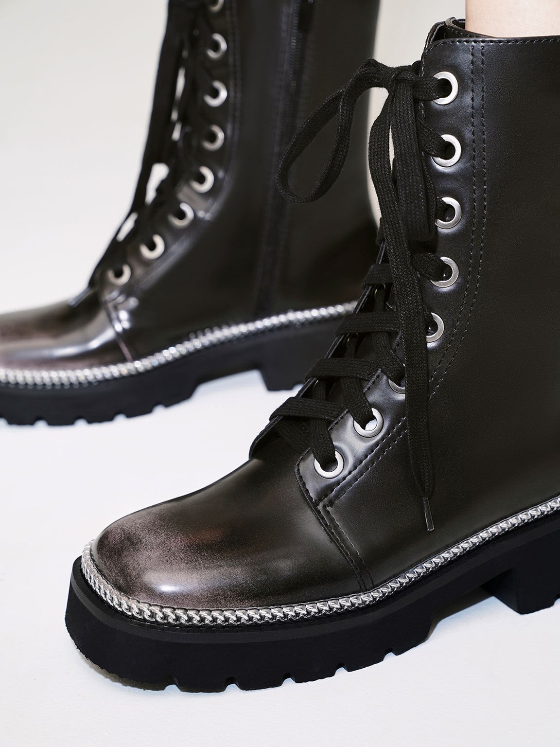 Chain-Trim Lace-Up Boots, Dark Grey, hi-res
