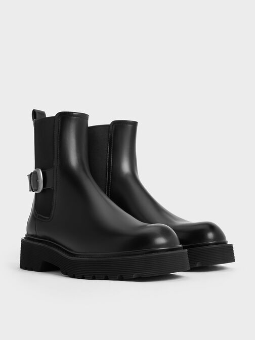 Botas Chelsea de suela estriada con hebilla lateral, Negro, hi-res
