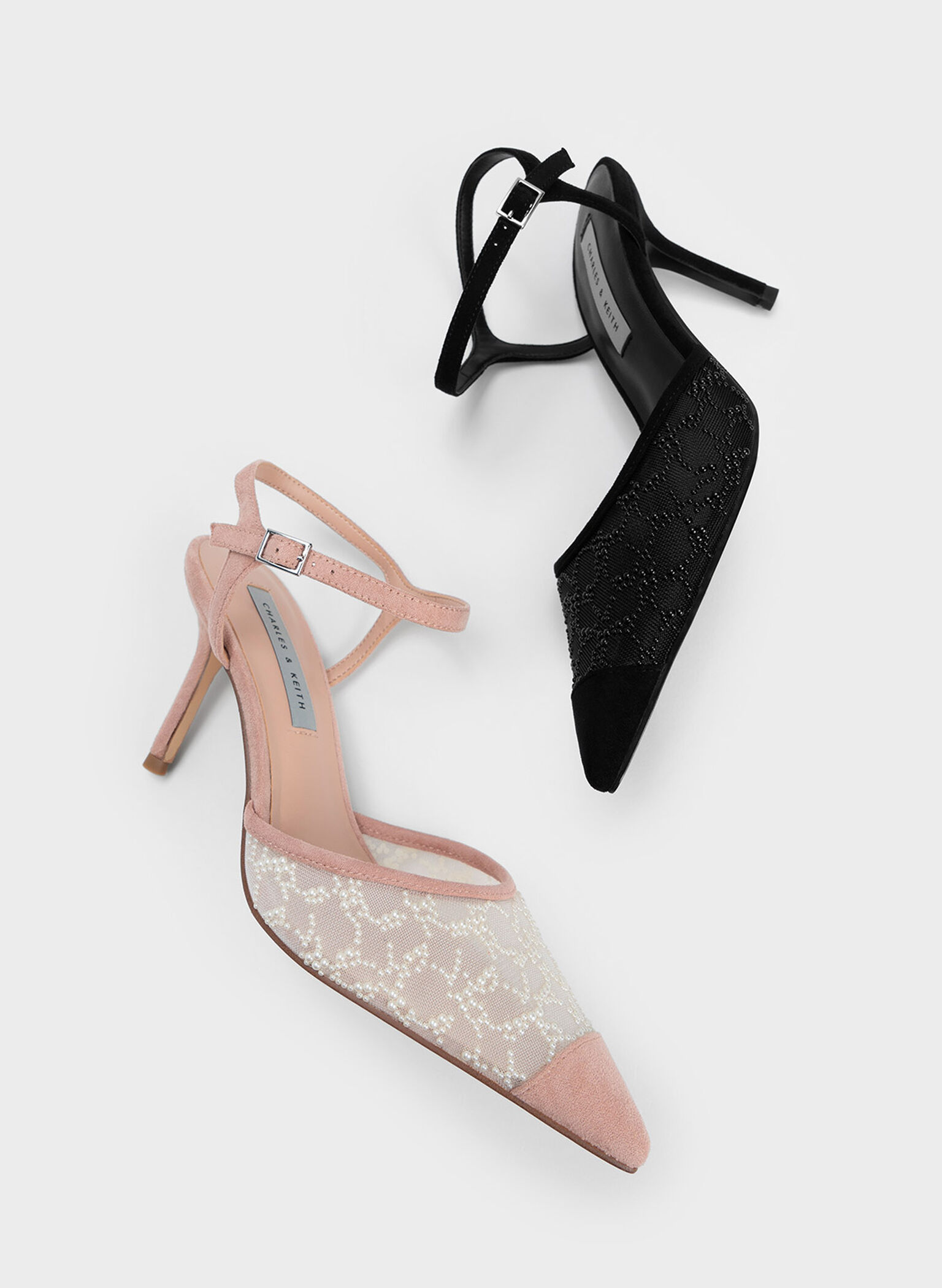 Nude Beaded Mesh Ankle Strap Pumps - CHARLES & KEITH US