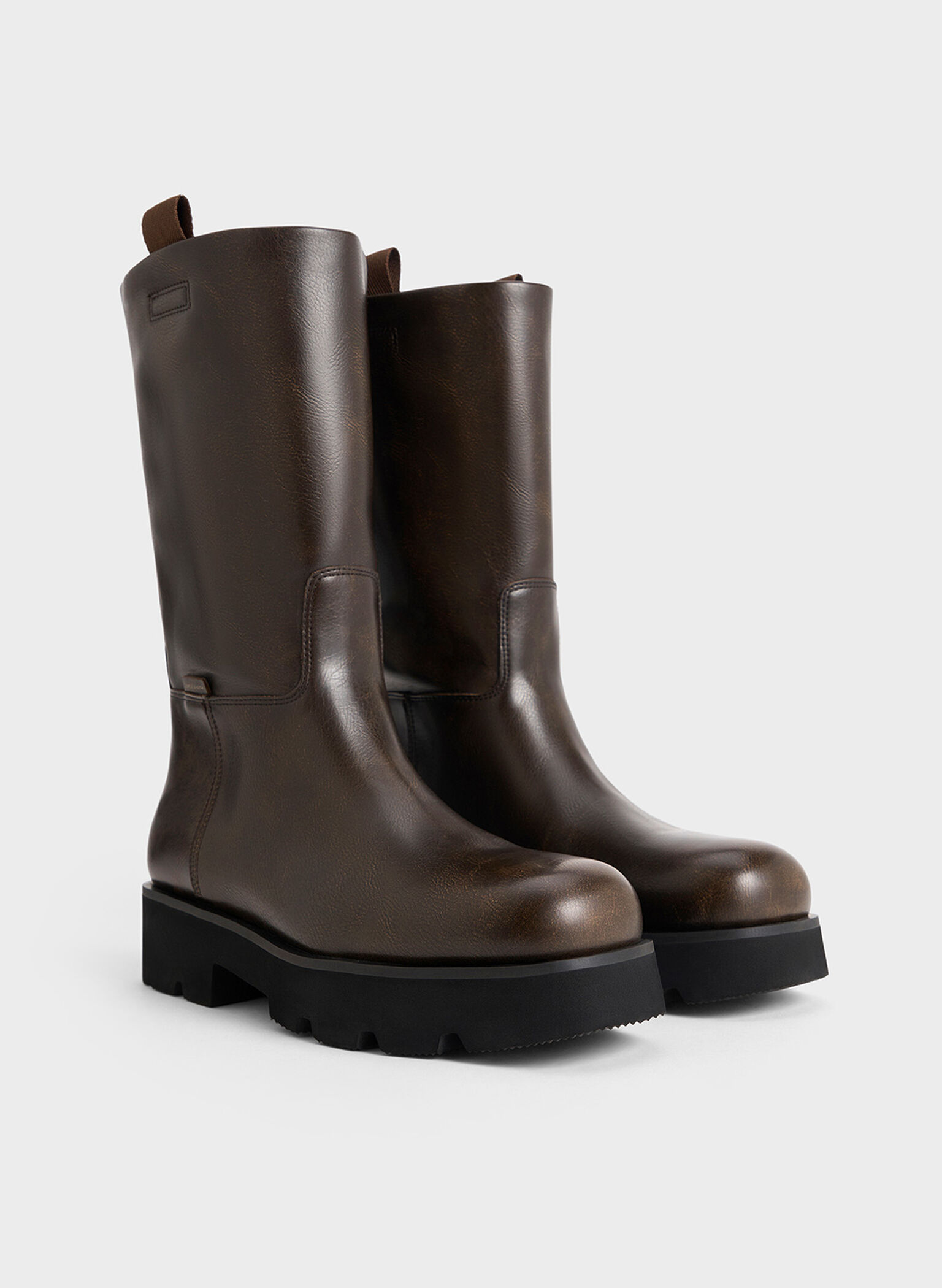 Botas de caña media con doble tira, Marrón oscuro, hi-res