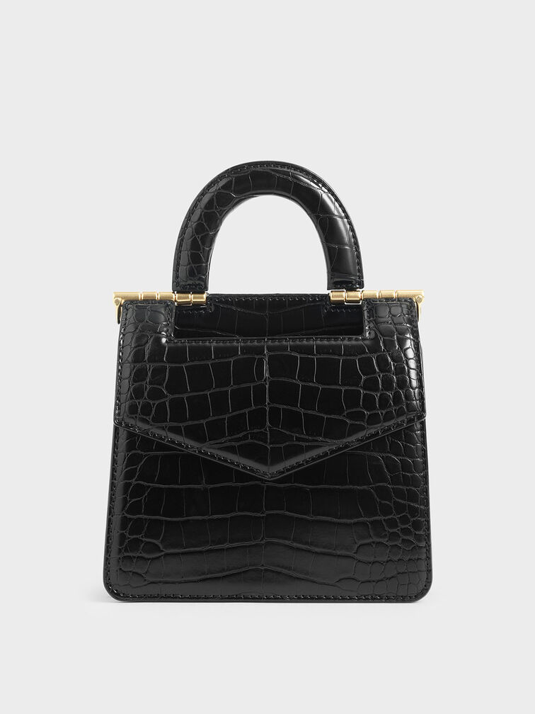 Mini Croc-Effect Envelope Bag, Black, hi-res