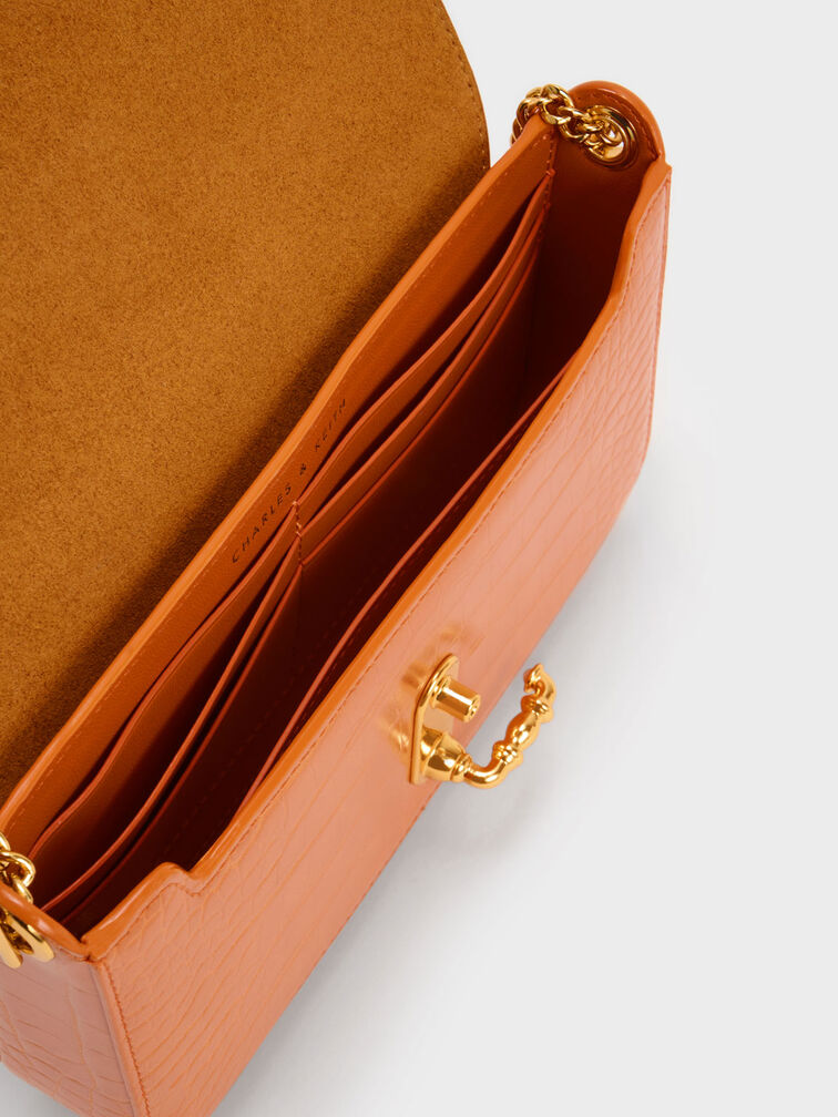 Meriah Croc-Embossed Clutch, Orange, hi-res