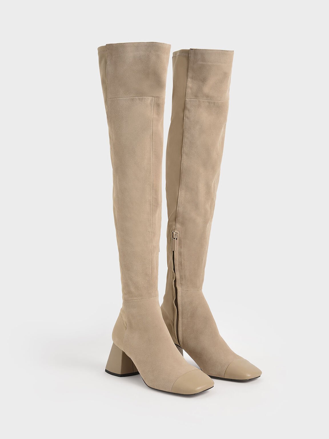 Leather & Kid Suede Thigh High Boots, Sand, hi-res