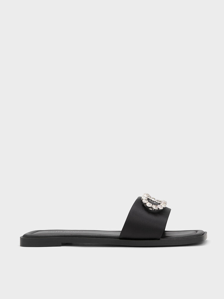 Gem-Embellished Recycled Polyester Slides, Black, hi-res