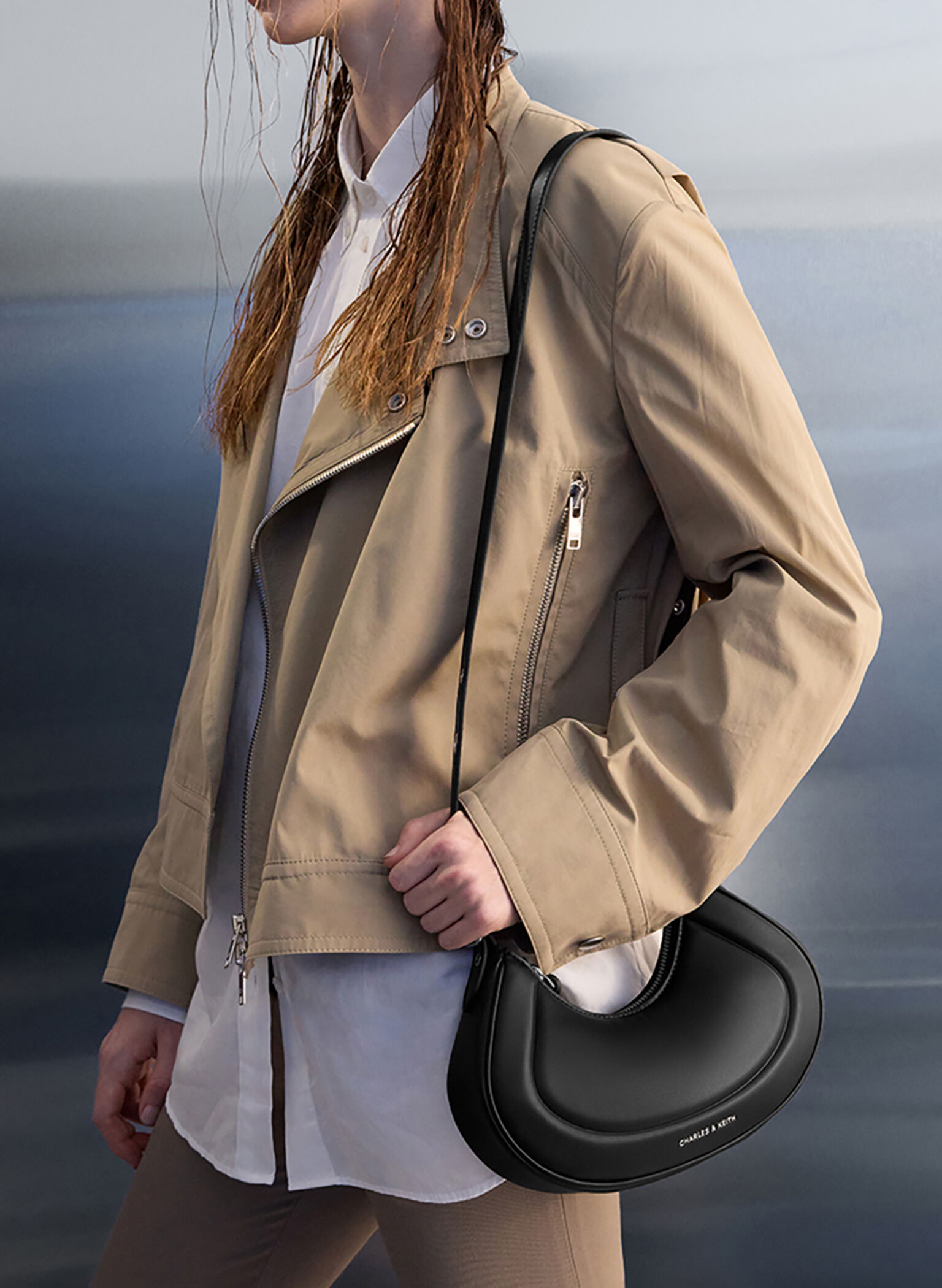 Petra Grommet-Strap Curved Shoulder Bag, Noir, hi-res
