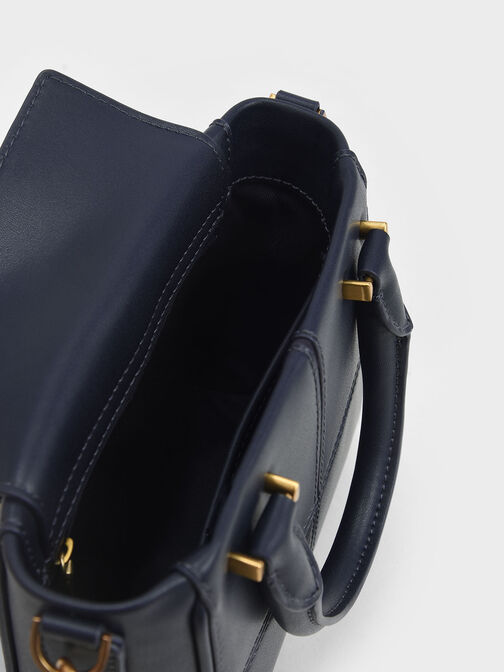 Textured Panelled Top Handle Bag, Navy, hi-res