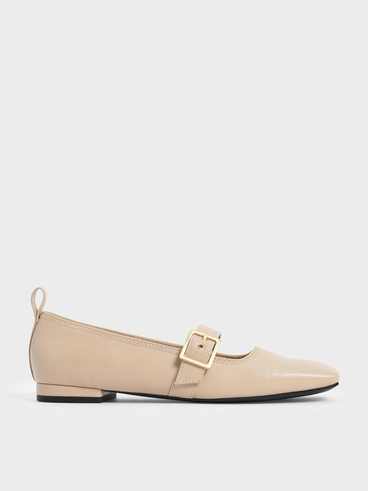 Square Toe Mary Jane Flats, Beige, hi-res