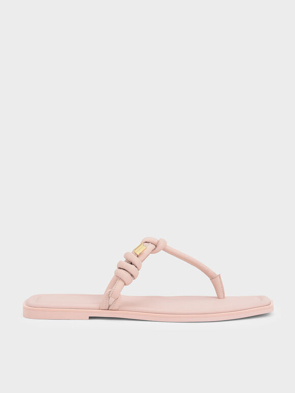 Leather Knotted Tubular Strap Thong Sandals, Pink, hi-res