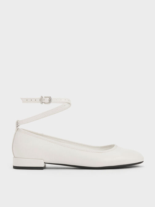 Ankle-Strap Ballet Flats, White, hi-res