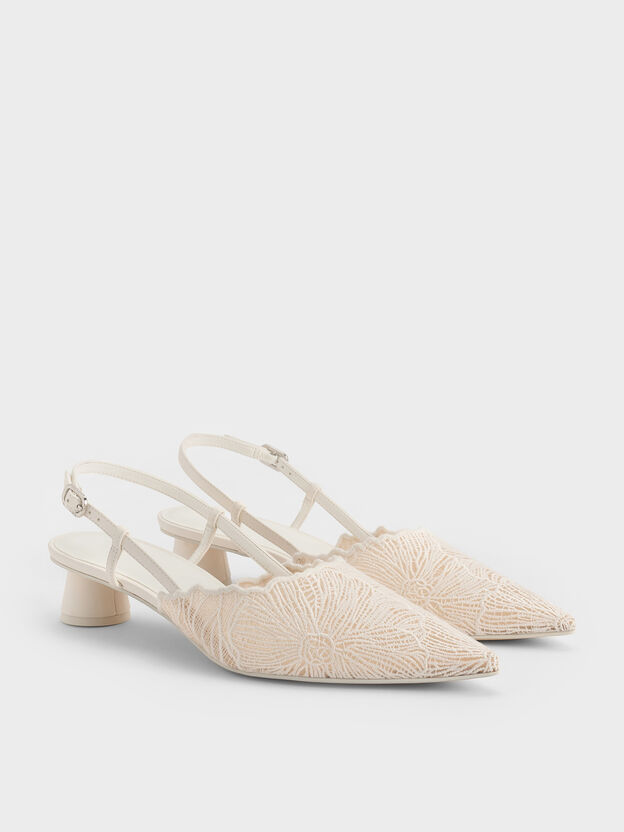 Meja Floral-Crochet Slingback Pumps, White, hi-res
