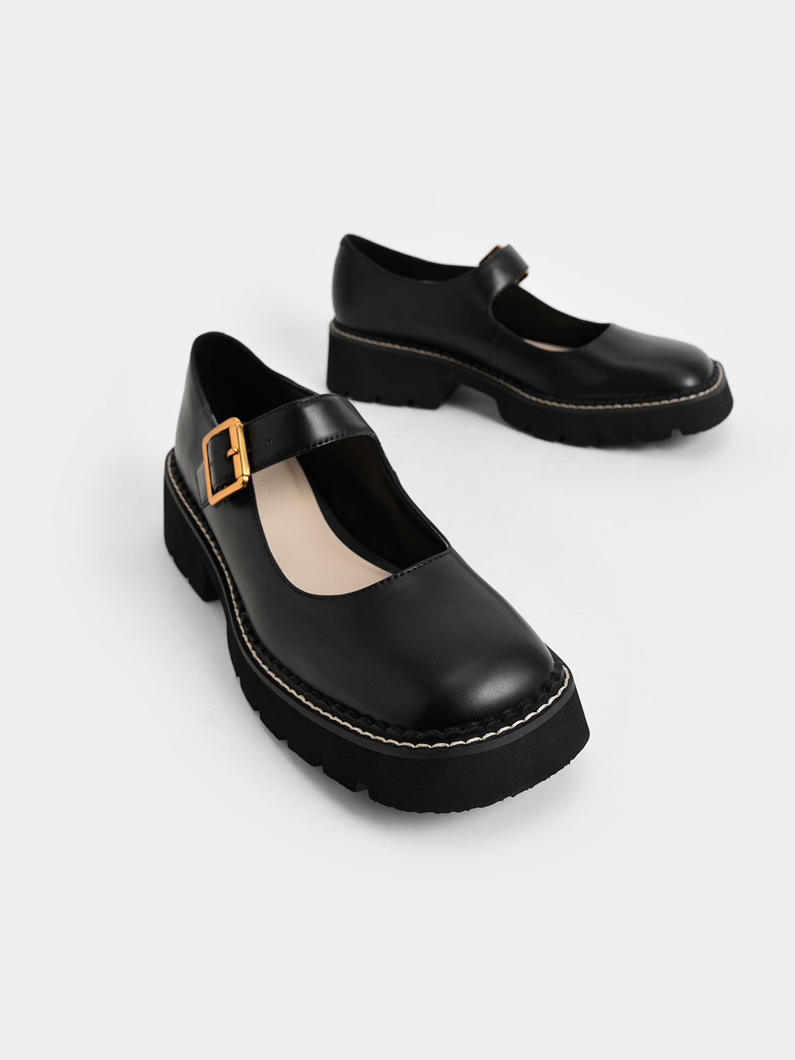 Metallic Buckle Mary Janes, Black, hi-res