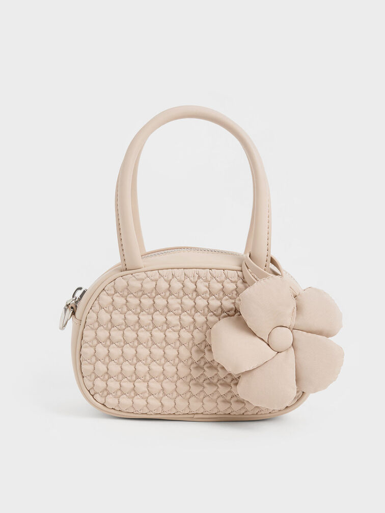 Nylon Textured Top Handle Bag, Nude, hi-res