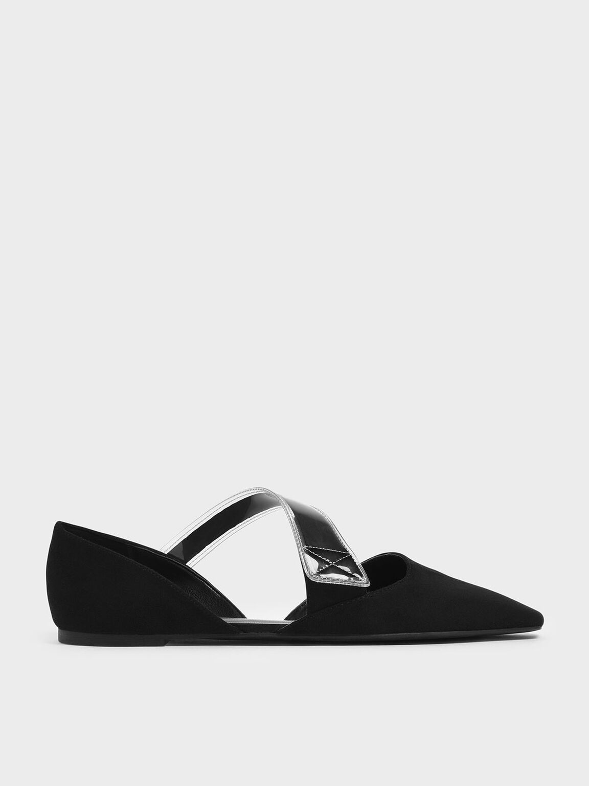 Asymmetric See-Through Strap Mary Jane Flats, Black, hi-res