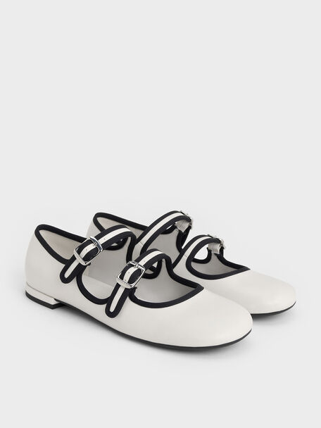 Two-Tone Mary Jane Flats, White, hi-res