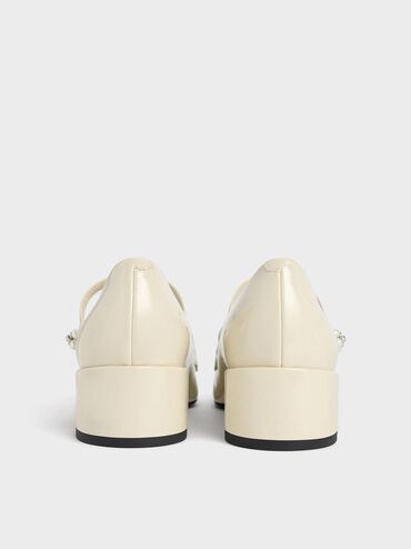 Patent Pearl-Embellished Flower-Buckle Mary Jane Loafers, Chalk, hi-res