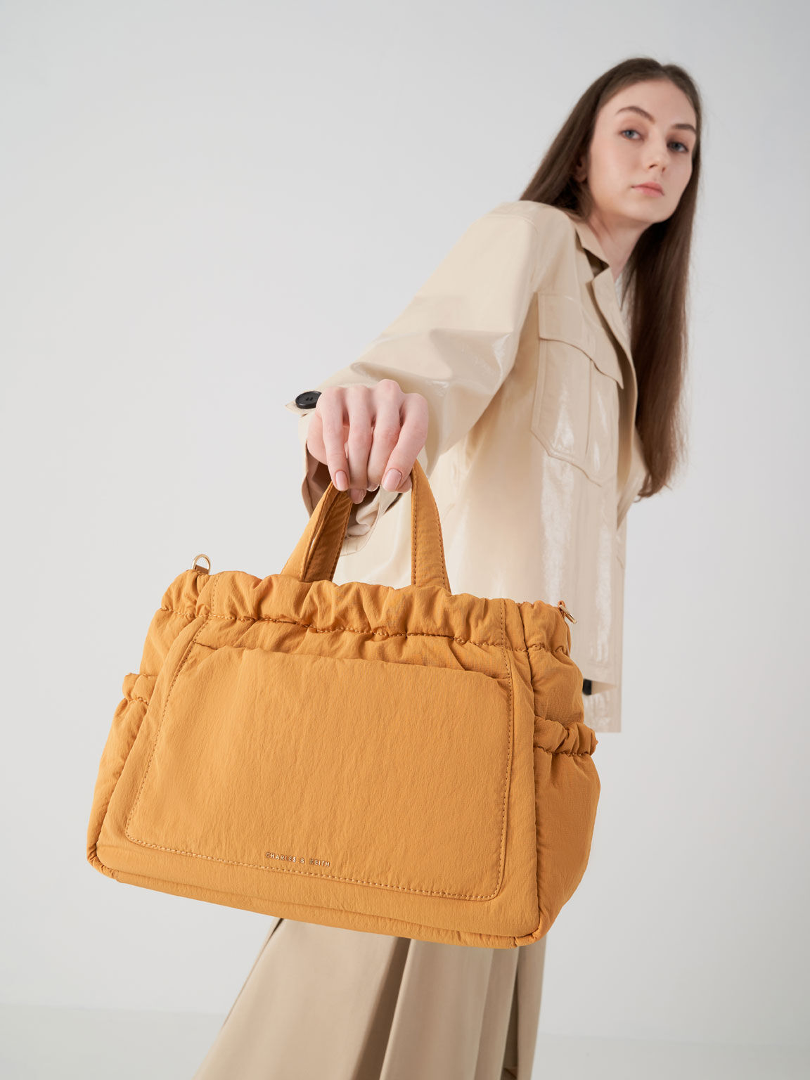Aspen Ruched Double Handle Tote, Orange, hi-res