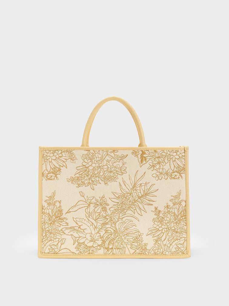 Beige Floral Illustrated Canvas Tote Bag - CHARLES & KEITH US