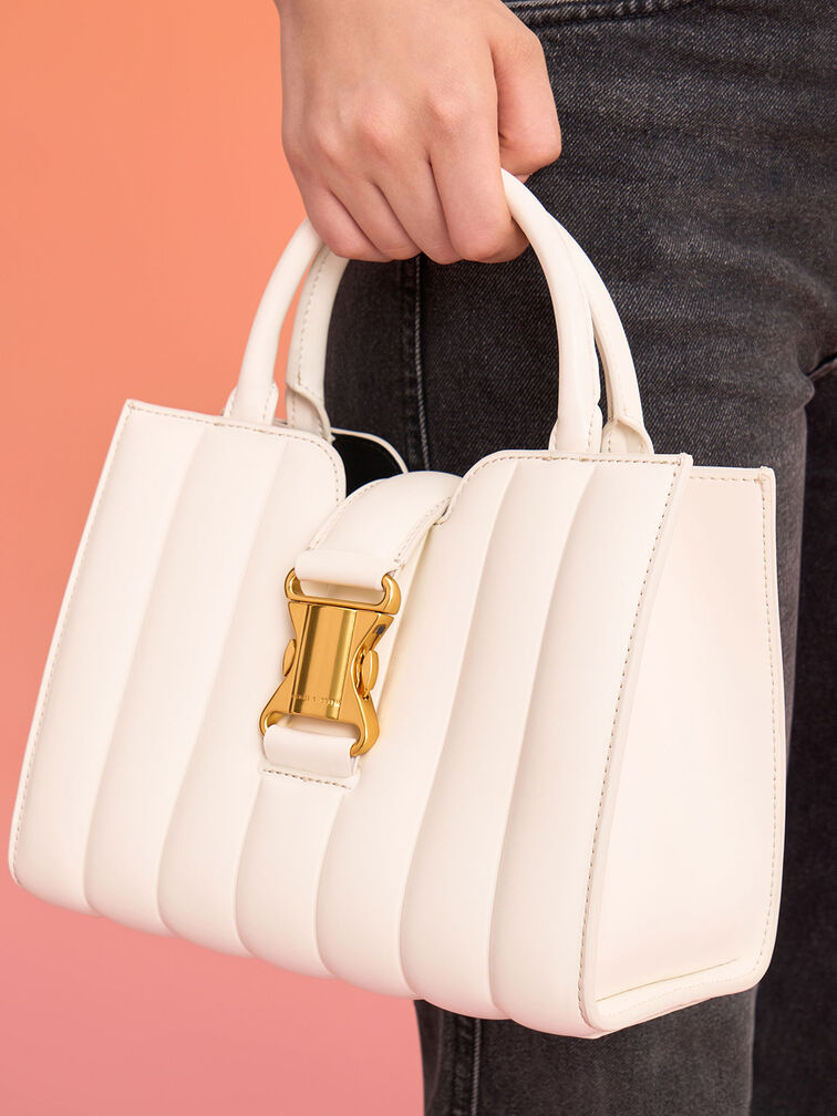 Ivy Panelled Metallic Buckle Tote, Cream, hi-res