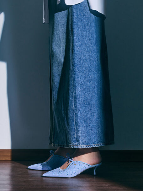 Leather Embroidered Heeled Mules, Light Blue, hi-res