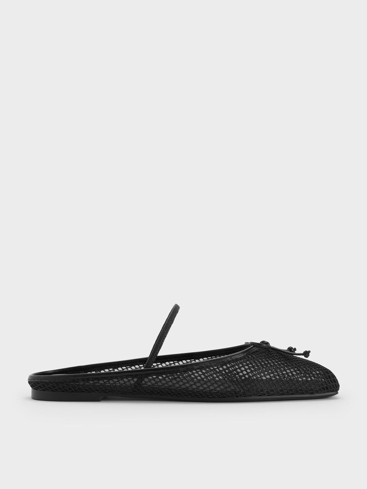 Mesh Bow Square-Toe Ballet Mules, Black Textured, hi-res