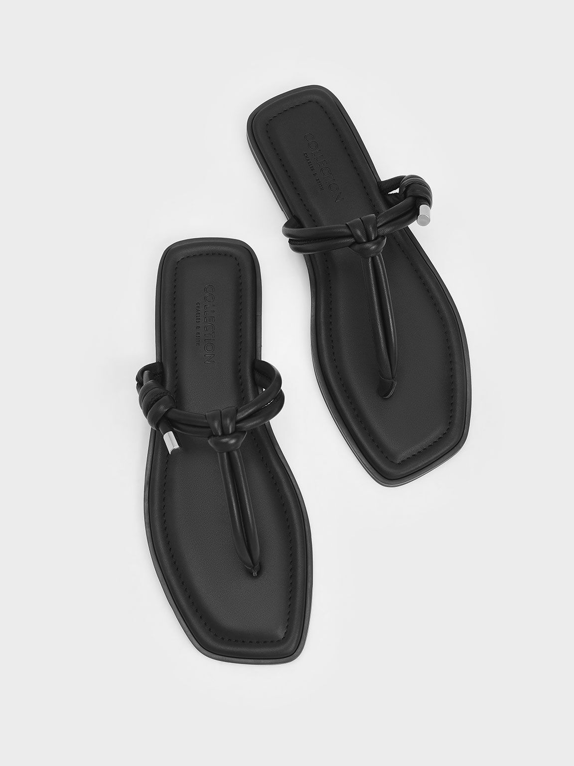 Leather Knotted Tubular Strap Thong Sandals, Black, hi-res