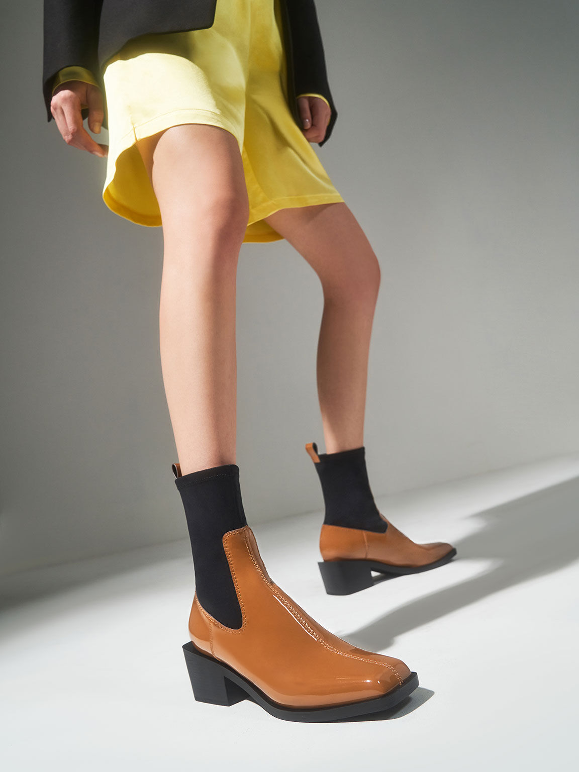Patent Two-Tone Sock Boots, Caramel, hi-res