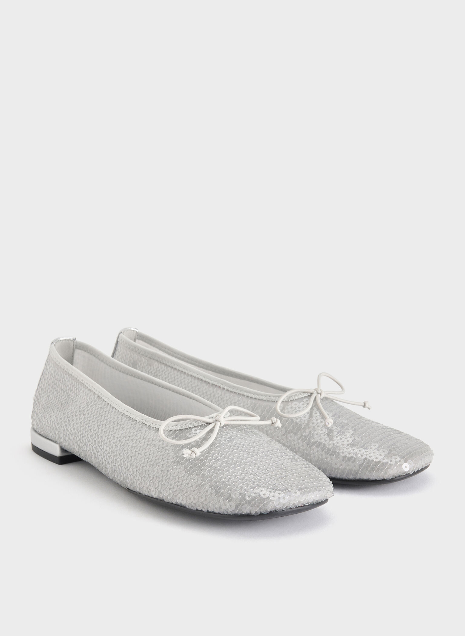 Sequin Mesh & Leather Bow Ballet Flats, Silver, hi-res