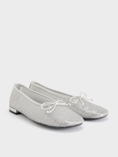 Sequin Mesh & Leather Bow Ballet Flats, Silver, hi-res