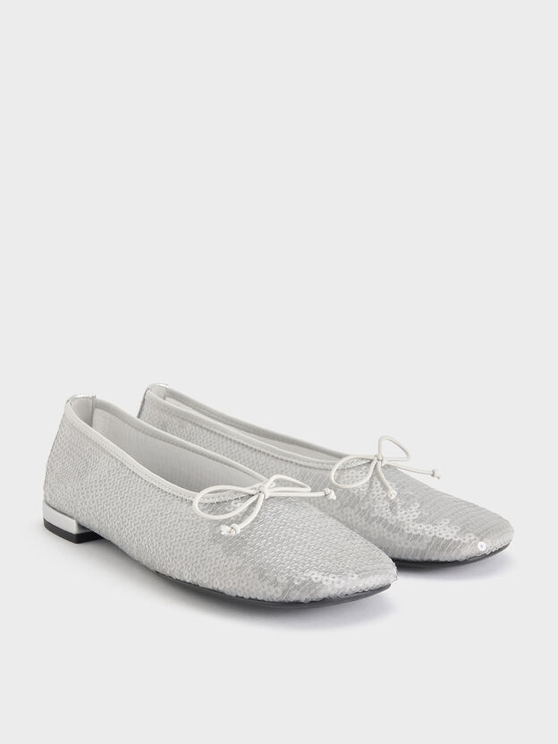 Sequin Mesh & Leather Bow Ballet Flats, Silver, hi-res