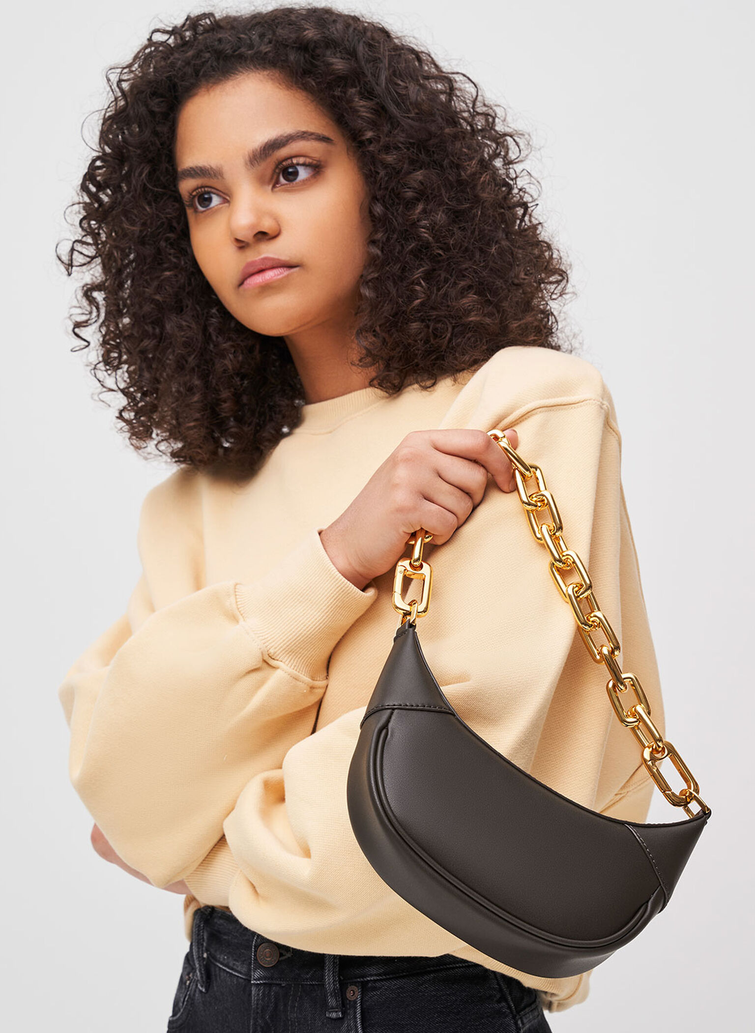 Shalia Chain-Handle Moon Bag, Dark Moss, hi-res