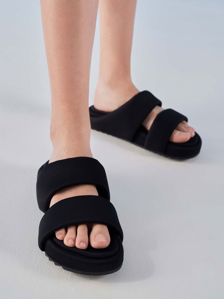 Recycled Polyester Padded Slide Sandals, Black, hi-res