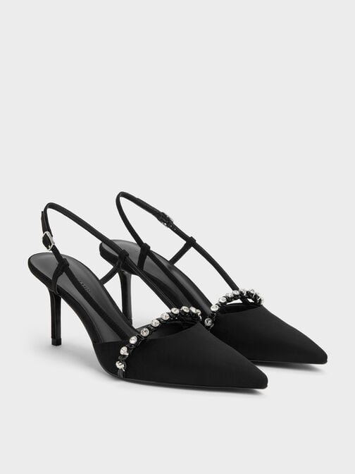 Faux Suede Crystal Slingback Pumps, Black Textured, hi-res