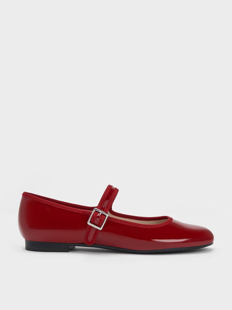 Zapatos planos Mary Jane con hebilla de charol, Rojo, hi-res