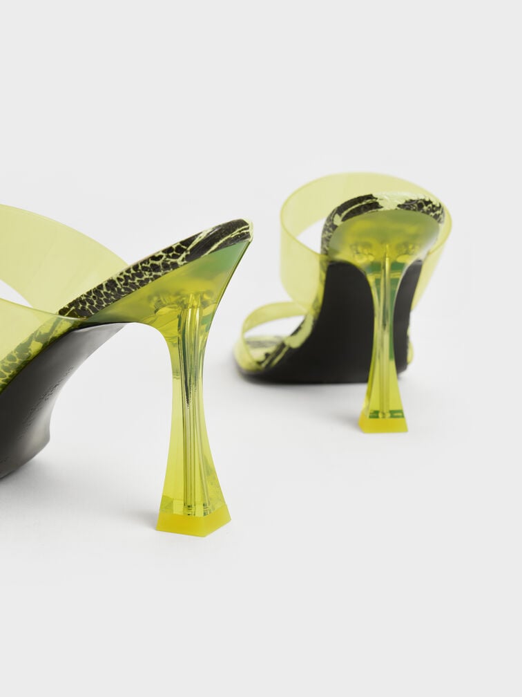 Snake-Print See-Through Heeled Mules, Animal Print Yellow, hi-res