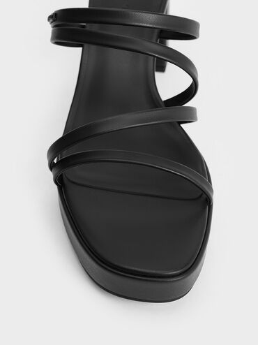 Strappy Trapeze-Heel Mules, Black, hi-res