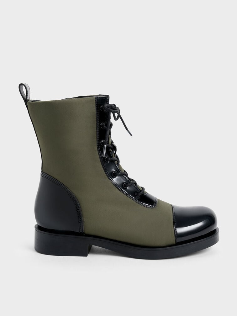 Nylon & Patent Combat Boots, Olive, hi-res