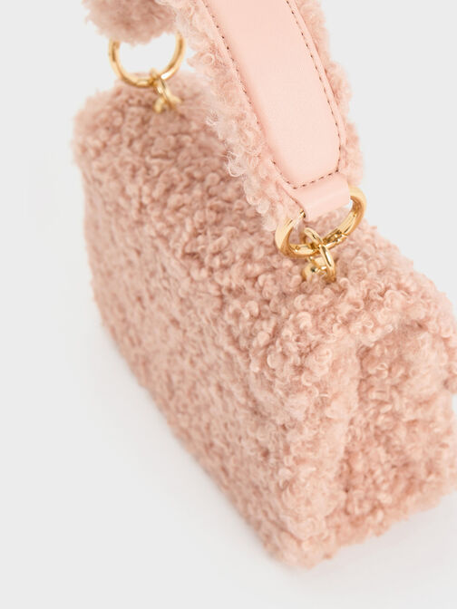 Furry Metallic Turn-Lock Bag, Pink, hi-res