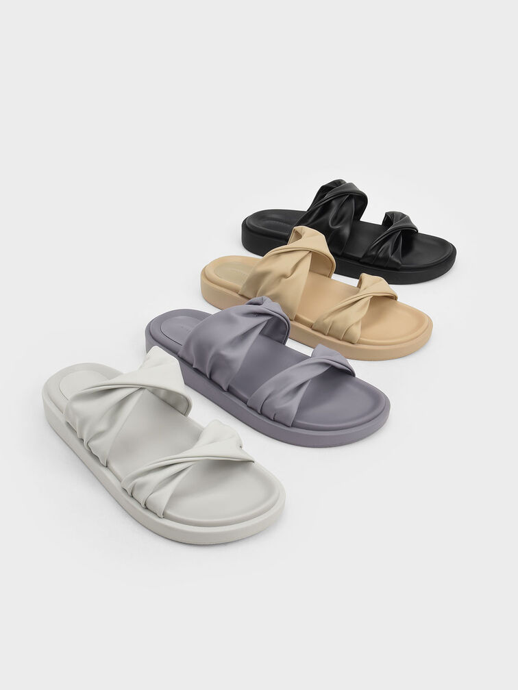Twist Strap Padded Slide Sandals, Grey, hi-res