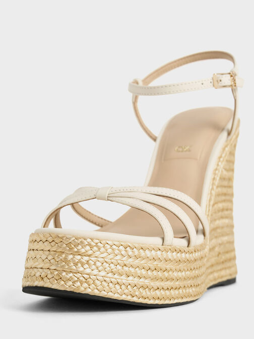 Leather Strappy Espadrille Wedges, White, hi-res